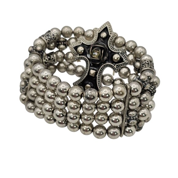 Silver Beaded Bracelet Multistrand Cross Faith Religious Grunge Rock Christian - Picture 9 of 16